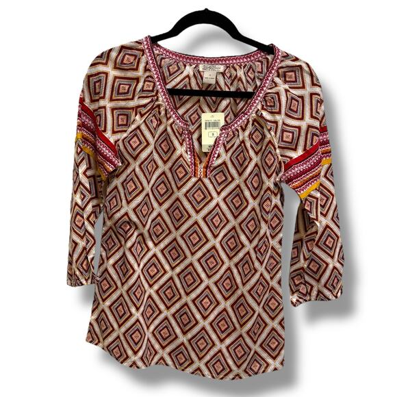 Lucky Brand Cotton Blouse S Tribal Geometric Print Boho Festival Style NWT - Picture 1 of 5